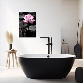 QIXIANG Zen Canvas Wall Art Pink Lotus Flower Paintings Black White and Pink Floral Water Lily Picture for Bathroom Wall Decor Framed (12.00" x 18.00", Lotus Flower 3)