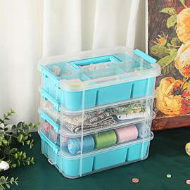IGNPION Stackable Storage Box, 4 Layer Adjustable Plastic Storage Box with Carrying Handle Transparent Organizer Containers for Arts and Crafts Toys Sewing Accessories (Blue)