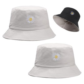 FUIPVGI 2 Pieces Bucket Hats,Black+Beige Double-Side-Wear Sun Hats,Daisy Embroidery Bucket Hat, Reversible Breathable Cotton Beach Cap Foldable Double-Side Hat for Girls Woman Shopping Hiking(2 PCS)
