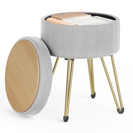 SONGMICS Vanity Stool Chair, Small Ottoman Stool with Storage, Velvet Makeup Stool, 15.4 Dia. x 17.5 H Inches, 4 Metal Legs, for Makeup Room, Living Room, Bedroom, Dove Gray ULOM003G02