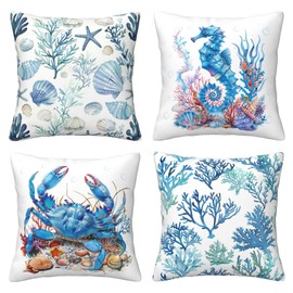 Ocean Theme Nautical Square Throw Pillow Case Beach Summer Throw Pillow Covers Seahorse Crab Mediterranean Style Decorative Cushion Case for Sofa Couch Bed Set of 4 18"X18"