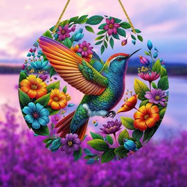 yafuidil Acrylic Stained Hanging - 1Pcs Colorful Hummingbird Theme Round Acrylic Window Hanging Stained Glass Window Hanging for Indoor Outdoor Decor, Garden Decoration or Housewarming Gift