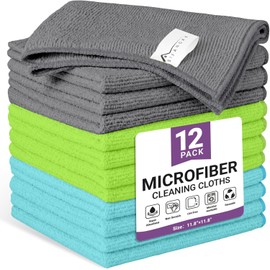 12 Pack Microfiber Cleaning Cloth, 3 Assorted Colors Cleaning Rags for Housekeeping, Colorful Reusable Microfiber Towels for Car, Kitchen, Bathroom and