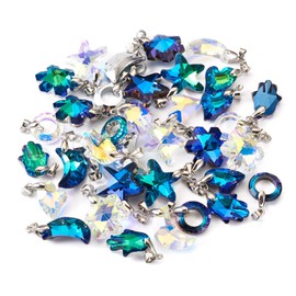 Cheriswelry 36pcs Crystal Glass Pendants Starfish Donut Moon Hamsa Hand Snowflake Heart Dangle Charms Hang Ornament with Pinch Bails 18~25mm for DIY Keychain Necklace Jewelry Making