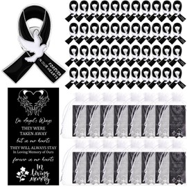 Quelay 100 Sets Black Funeral Ribbon Pins Funeral Favors Ribbon Pins Prayer Cards and Organza Bags Awareness Lapel Forever in Our Hearts Memorial Brooch for Mourning Remembrance Day