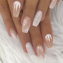 Christmas Press on Nails Short Coffin Fake Nail Snowflake Flame Full Cover Stick on Nail Winter Xmas White Press on Nails False Nails for Women Girls 24Pcs…