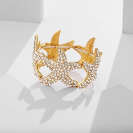 WOWORAMA Gold Starfish Bracelet for Women Wide Chunky Rhinestone Stretch Bangle Bracelets Shiny Crystal Ocean Sea Star Bracelet Summer Beach Statement Bracelet
