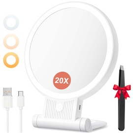 1X/20X Magnifying Mirror with Light, Double Sided Makeup Mirror with Adjustable 3 Color Light, 2000mAh Rechargeable Lighted Magnifying Mirrors with Tweezer, Foldable Travel Mirror with Rotation