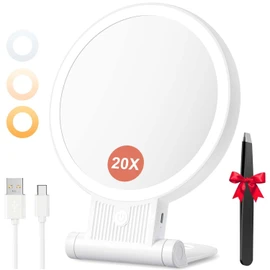 1X/20X Magnifying Mirror with Light, Double Sided Makeup Mirror with Adjustable 3 Color Light, 2000mAh Rechargeable Lighted Magnifying Mirrors with Tweezer, Foldable Travel Mirror with Rotation