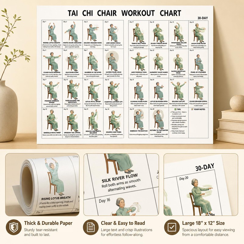 Tai Chi Chair Exercise Chart, Gentle Seated Exercises for Seniors