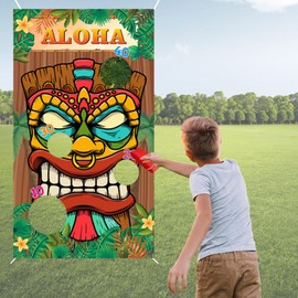 EULAPGOE Hawaiian Bean Bag Toss Game Banner with 3 Throwing Bean Bags, Luau Throwing Games for Adults, Aloha Bean Bag Game for Tiki Bar Accessories and Tropical Party Decorations Indoor Outdoor