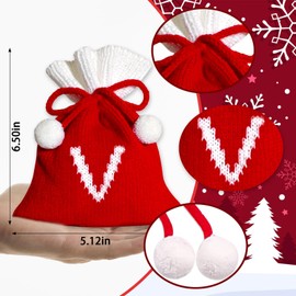 Blinket Christmas Knit Drawstring Gift Bag Xmas Red and White Santa Sack with Alphabet Letter Design Reusable Wrapping Bag for Xmas Candy Goodie Party Favor 6.5 x 5.1 Inch Letter V
