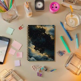 DOFQZ Moody Starry Night Sky Notebook, Dark Academia Witchy Gothic Journal, Fantasy Abstract Mystical Celestial Journal, Vintage Maximalist Blue Gold Galaxy Spiral Notebook, 5.5x8.3 Inch