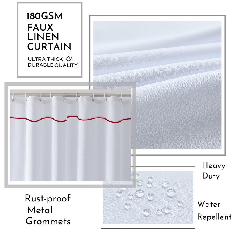 youngseahome White Shower Curtain with Red Border, Modern Chic Faux