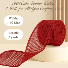 Red Ribbon Burlap Wired Ribbon Christmas Ribbon Red Ribbon for Gift Wrapping 1 1/2 Inch Total 10 Yards, Jute Burlap Red Ribbon For Christmas Tree Ribbons For Crafts Wreaths Thanksgiving Ribbon 2 Rolls