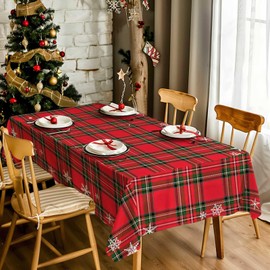AIBIIN 56x102inch Christmas Checked Tablecloth for Family Dinners Red Tartan Plaid Snowflakes Christmas Waterproof Table Cover for Dining Room Picnic Birthday Party Table Decor Supplies
