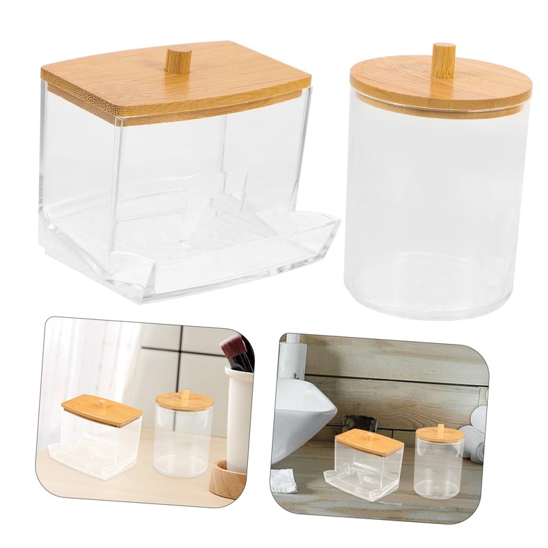 LABRIMP Cotton Swab Containers Bamboo Lid Box Storage Case for
