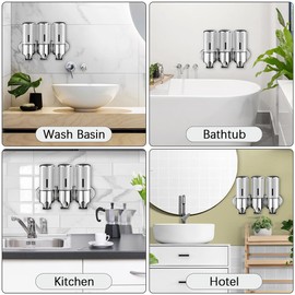 No-Drill 3 Pack 500ml Wall Mounted soap Dispenser for Bathroom and Kitchen, Shampoo and Conditioner Dispenser Drill Free with Adhesive(Round-Silve)
