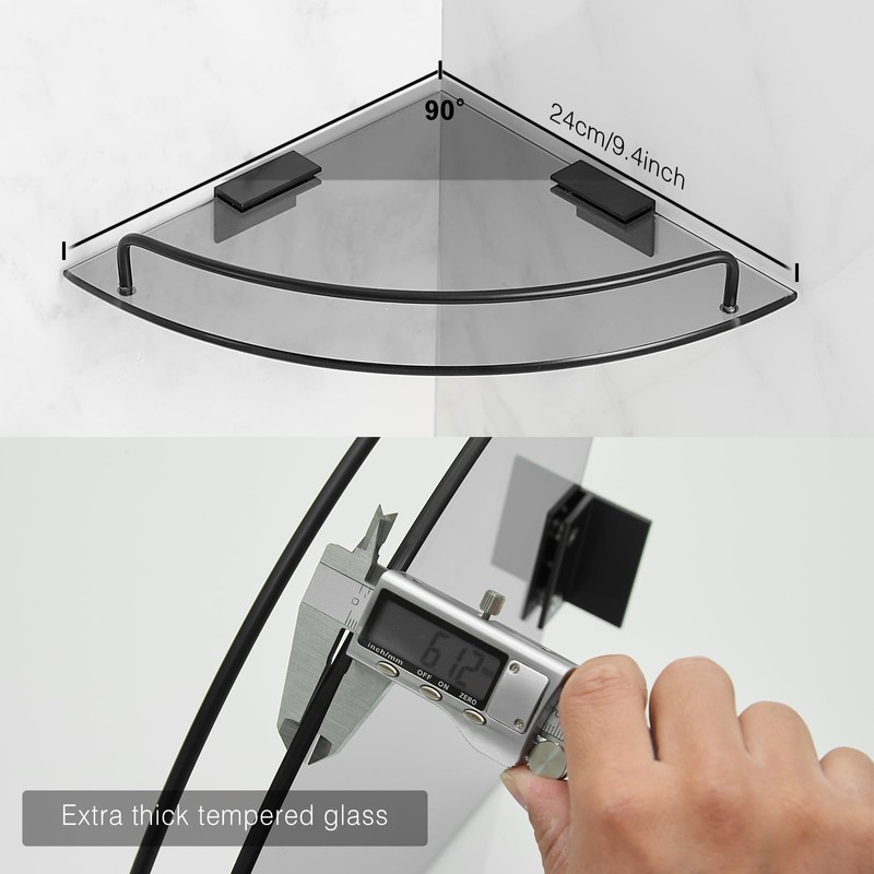 Voldra 2 Pack Glass Corner Shower Shelf for Bathroom Black