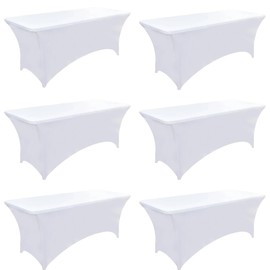 ZarzaaSik 6-Pack 6ft White Spandex Table Covers for Rectangle Standard Folding Tables - Wrinkle Resistant Stretch Tablecloths - Ultimate Fitted Table Protector for Parties, Trade Shows, Wedding