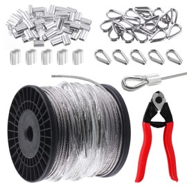 Swpeet 72Pcs 304 Stainless Steel Wire Rope Aircraft Bicycle Cable Cutter and 300ft Stainless Steel Wire Rope Deck Railing Cable, Cable Rope Cable Thimbles and Aluminum Crimping Loop Sleeve for Deck