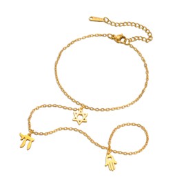 Dreamtimes Finger Ring Bracelet Star of David Bracelet Chai Hebrew Bracelets for Women Stainless Steel Hamsa Hand Bracelets Jewish Religious Jewelry (Style 3-G)