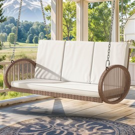 DWVO 3-Person Wicker Porch Swing with Cushions, Outdoor Hanging Swing Chair with Oval Armrests, Iron Frame, 800lbs Capacity for Patio, Garden, Balcony (Beige)