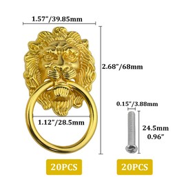 WMYCONGCONG 20Pcs 1.57" x 2.68" Cabinet Pull Handle Classical Lion Head Knobs Zinc Alloy Antique Drawer Ring Handles with Screws for Drawer Dresser Wardrobe Cabinet Kitchen Cupboard Jewelry Box (Gold)