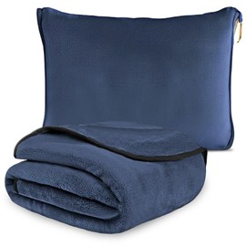 WIYETY Travel Blanket Aeroplane Transformation Pillow 2 in 1, Portable Airplane Blanket with Suitcase Attachment, for Office, Business Trip, Travel, Ultralight Warm - Navy Blue - 152 x 127 cm