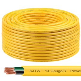 14/3 SJTW Yellow Wire 100 Feet - 14 AWG 3 Conductor SJTW Cable with UV-Resistant Jacket for Motor Leads, Battery Chargers and Machine - 100 ft Electrical Wire
