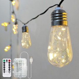 Battery Operated String Lights Outdoor, 22.85FT 20 Vintage Edison Hanging Bulb 100 LED String Lights Indoor Light String with Timer, Patio Outdoor Light for Camping Awning Porch Balcony Party Decor