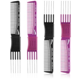 Patelai 4 Pcs Carbon Lift Teasing Comb with Metal Prong Lift Teasing Comb and Hair Pick Salon Fluffing with 5 Stainless Steel Pins for Women Hair(Black and Purple)