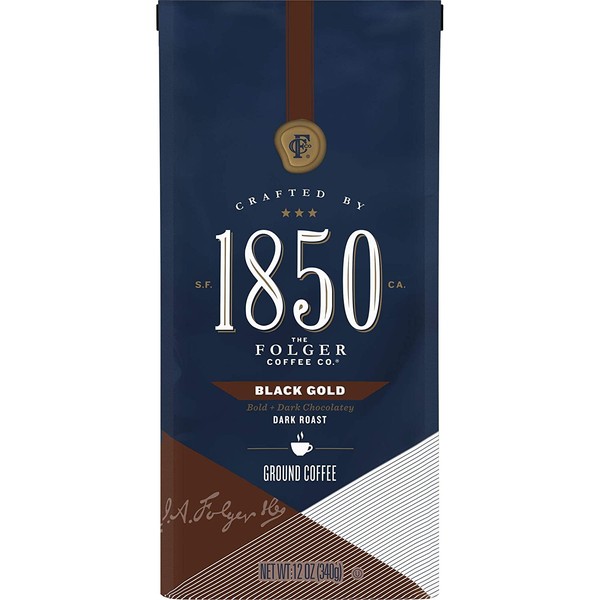 1850 by Folgers Coffee Black Gold Dark Roast Ground Coffee, 12 Ounces (Pack of 2)