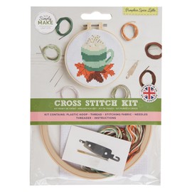 Simply Make Cross Stitch Kit - Pumpkin Spice Latte Design for Kids and Adults, Including Hoop, Embroidery Thread Fabric & Needle - Perfect for Adult Crafts and Beginners Starter Cross Stitch Craft Kit