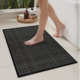 Uphome Black Bathroom Rugs, Modern Non-Slip Bath Mat, Super Absorbent Ultra-Thin Solid Toilet Rug, Machine Washable Quick Dry Checkered Fit Under Door Bath Mats for Bathroom Sink Tub, 16x24 inch
