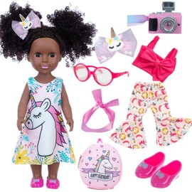 ZQDOLL Black Doll and Black Baby Doll Clothes 14.5 inch African American Silicone Girl Doll with 2 Sets Clothes and Travel Equipment Camera Backpack Glasses etc - Best Gift for Kids Girls