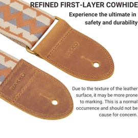 BAKKO Guitar Bass Strap With Full Grain Cowhide Genuine Leather Ends - Polyester Woven