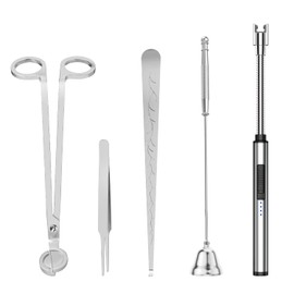 5 in 1 Candle Accessory Set,Candle Wick Trimmer Cutter,Candle Wick Dipper,Candle Wick Snuffer,Rechargeable Candle Lighter,Tweezers,Stainless Steel Candle Care Kit Home Gift for Aromatherapy(Silver)