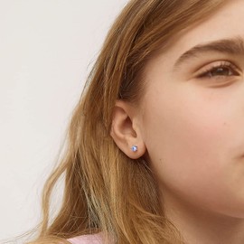 arete de plata de ley 925 hipoalergénicos de 4 mm con piedra natal de imitación solitaria para niñas – arete redondos de piedra natal simulada para niños pequeños – arete de seguridad con circonita