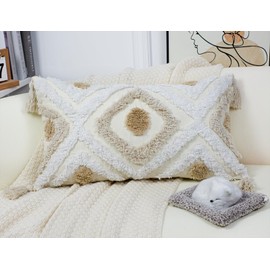 NUYECY Modern Long Lumbar Throw Pillow Cover 16 x 26,Cotton and Linen Tufted Decorative Boho Long Lumbar Pillow Case for Couch Sofa Bed Farmhouse Chair Outdoor,Khaki&Beige&White