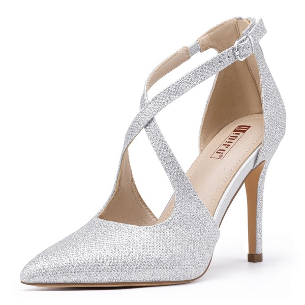 IDIFU Silver Glitter Women's Pumps - Strappy Heels for Wedding,