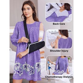 Deyeek Post Surgery Nightgowns for Women Open Back Long Sleeve Fully Tear Away Side Snaps Shoulder Surgery Shirts for Women