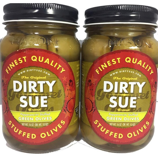 Dirty Sue Stuffed Olives and Onions - Set of 2 16 oz Jars (Pepperoncini Stuffed Green Olive)
