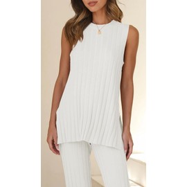 Tankaneo Two Pieces Outfits Sleeveless Top Knit Sets Trendy Lounge Long Pajamas Set White