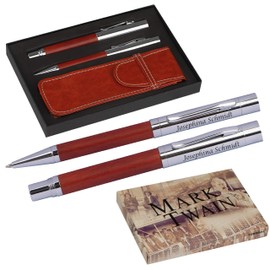 MARK®TWAIN 10898 Writing Set Twist Ballpoint Pen and Fountain Pen with Wood Coating with Laser Engraving Beautiful Design and Gift Box Blue Refill for Birthday