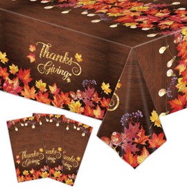 3 Pack 54 x 108 Inch Fall Maple Leaves Plastic Tablecloth – Rustic Thanksgiving Disposable Table Cover with Autumn Leaves and String Lights for Fall Harvest, Friendsgiving, and Seasonal Decor