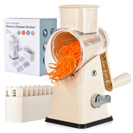 Xilrvna RotaryCheese Grater,VegetableShredder 5 in 1 Cheese Grater with HandleedderReinforcedSuction,EasytoClean,KitchenChopperforCrushedIce,Fruits and Nuts with Blade Storage Case（White