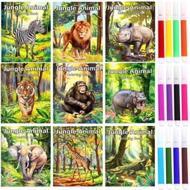 BACH AND BOOZY 9 Pieces Mini Colouring Books Bulk Jungle Safari Animals Party Fountain Pen with Pens Small Activity Books with Elephant Lion Zerb Giraffe Party Favors Birthday Accessories