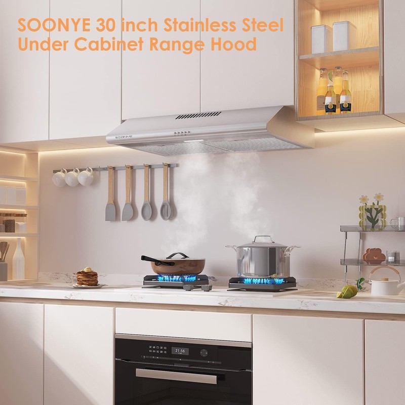 SOONYE 30 inch Stainless Steel Under Cabinet Range Hood, Slim