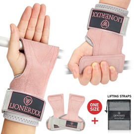 Lionerixx Women Weightlifting Grips - Pink Lifting Hand Straps/Gloves for Gym Support - Wrist Assist Leather Strap - Weight Grip for Deadlift,Barbell